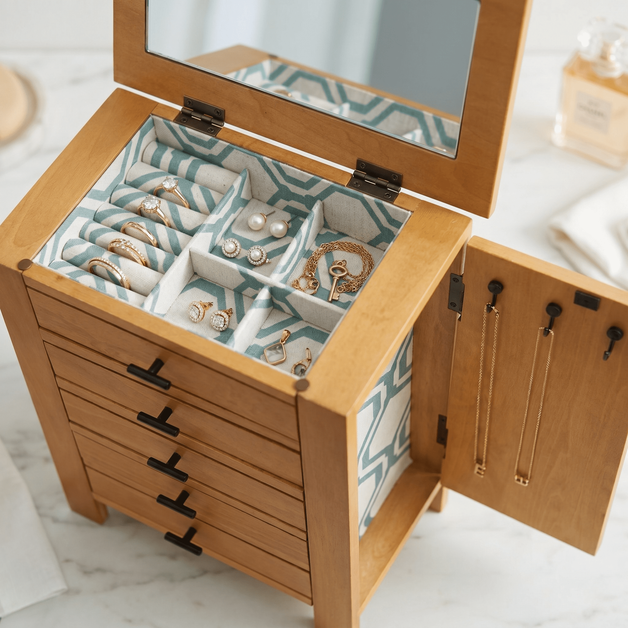 Hives and Honey Emma Wood Jewelry Chest: Modern Pine Tabletop Storage with 4 Drawers for Women