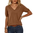 thumbnail image 2 of Womens Short Sleeve Sweater Summer V Neck Tops Casual Knit Shirts Lightweight Pullover Tops Coffee L, 2 of 5