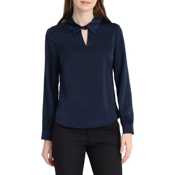 INSPIRAR CHIC Blusa de Satén para Mujeres de Manga Larga Elegante con Cuello en V para Trabajo Oficina M Azul Marino