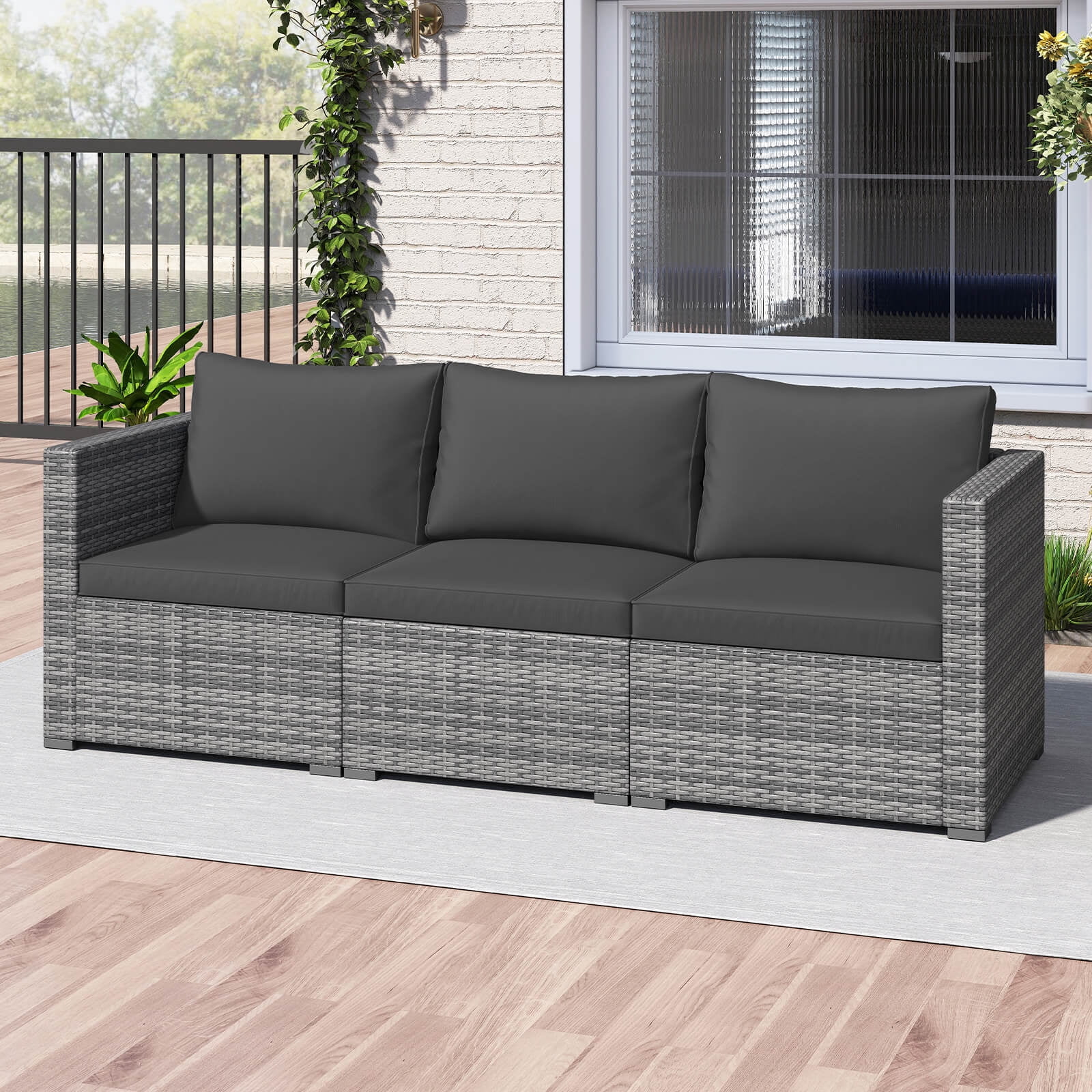 Costway 3PCS Patio Sectional Sofa Set, PE Rattan Modular Couch Furniture Set with Cushions Black + Mix Gray