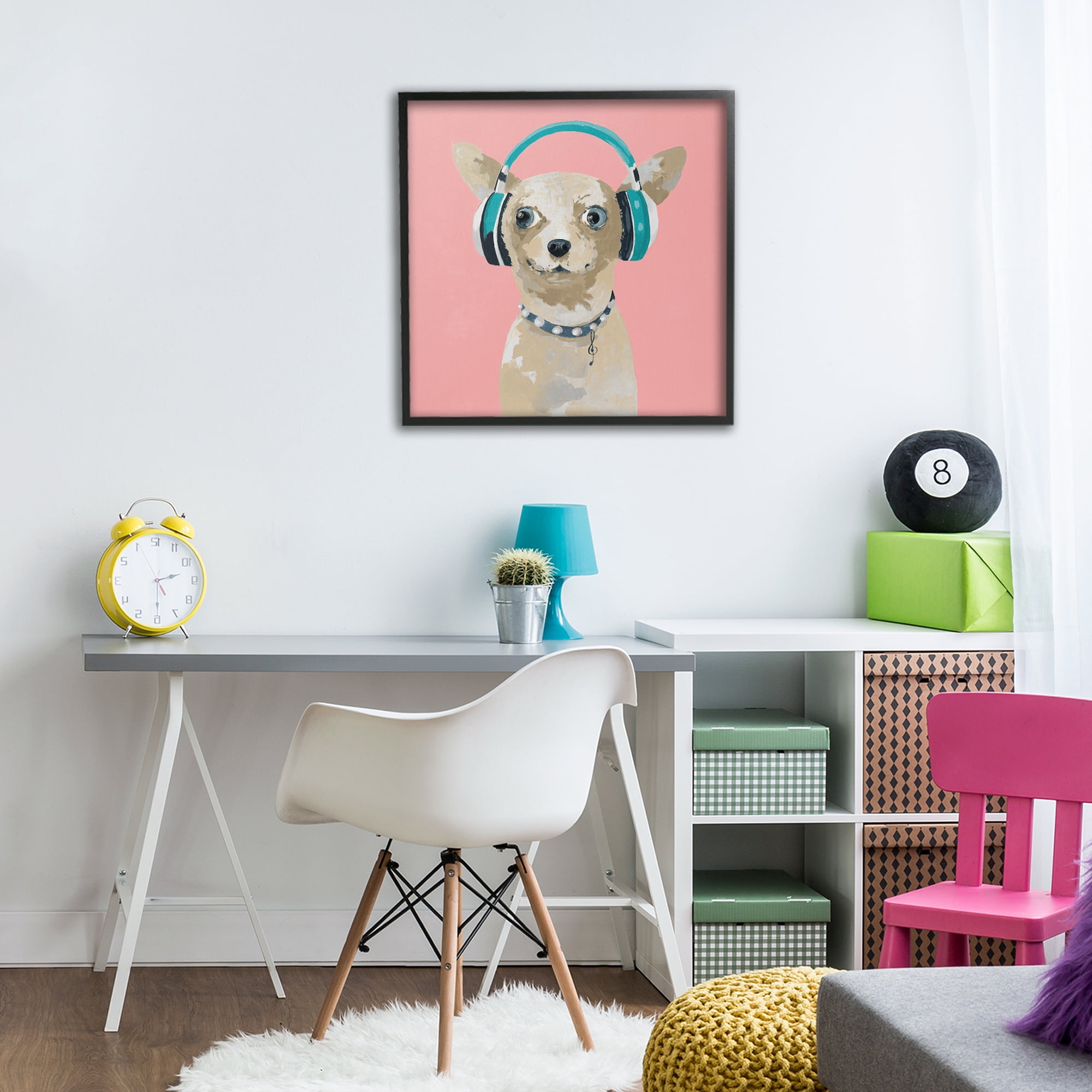 Stupell Industries Jammin' Pup on Pink Black Framed Giclee Art, design by Lorenzo Collective