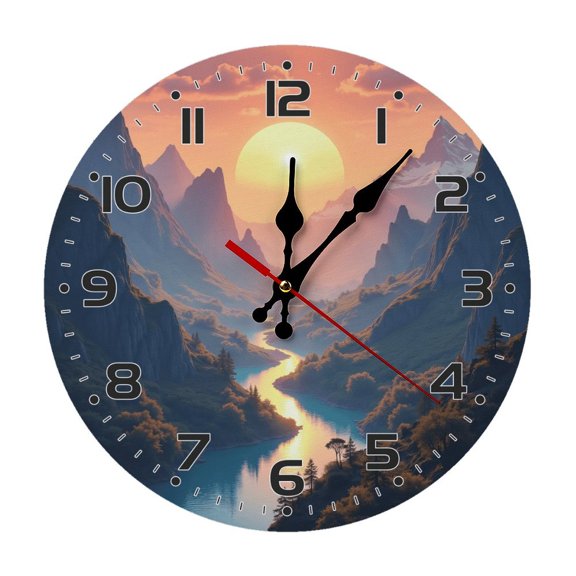 Landscape Mountain Sunset Wall Clock 10 Inch Silent Non Ticking Round Clock Decoration for Living Room Kitchen Bedroom Bathroom Office Classroom