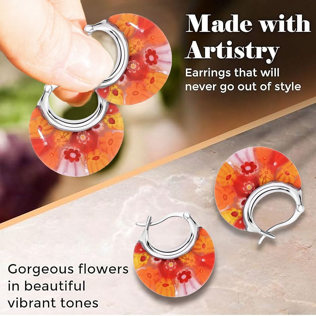 Glass Hoop Earrings for Women Dangle - Flower Fun Orange Earrings - Murano Style Jewelry Stainless steel Anniversary Birthday Christmas Gifts 11.6 Gms