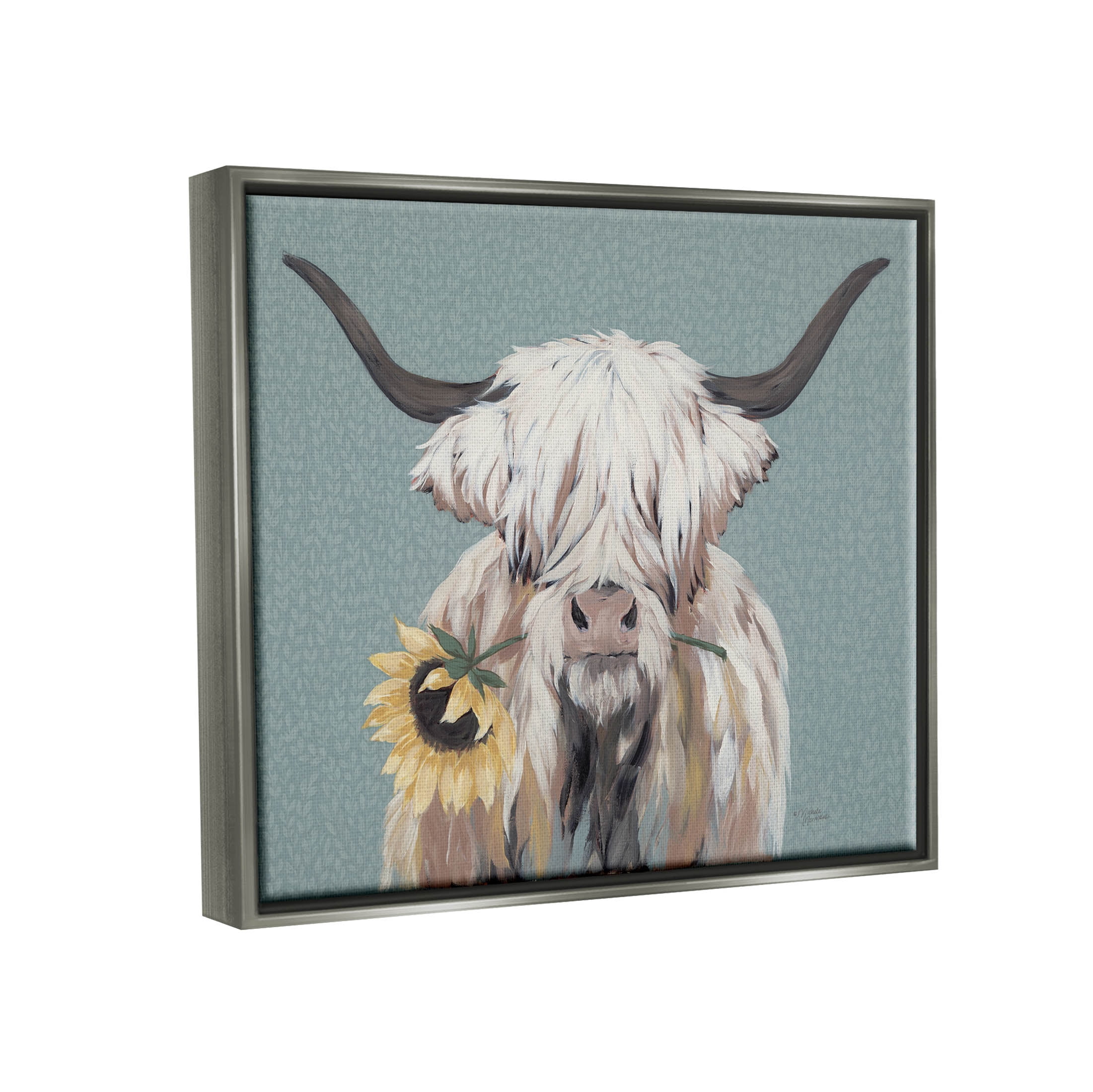 Stupell Industries Highland Cattle Biting Sunflower Bloom Painting Luster Gray Floating Framed Canvas Print Wall Art, Design by Michele Norman