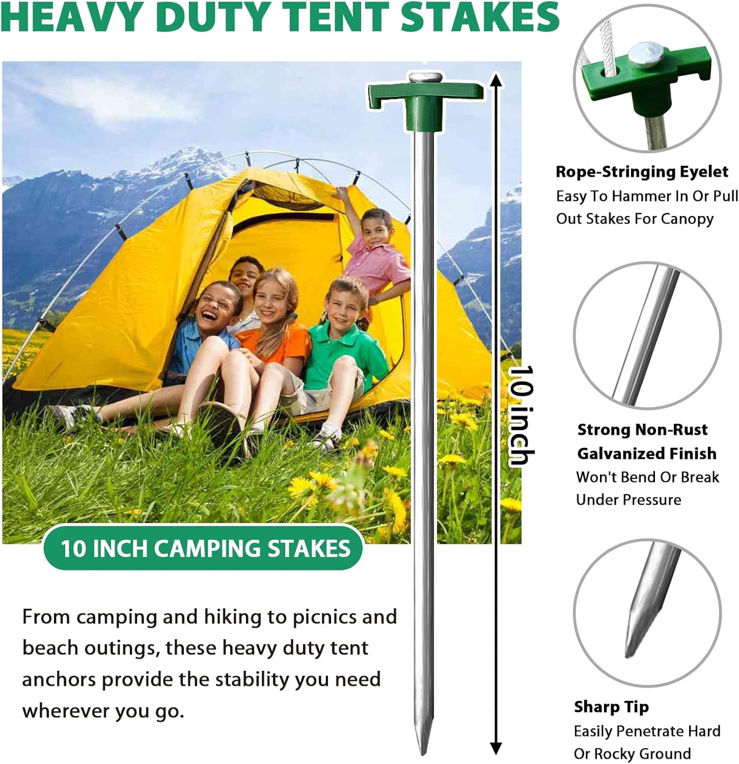 USA Galvanized Non-Rust Camping Family Tent Pop Up Tent Stakes Canopy Anchors Heavy Duty 10pc-Pack, with 4x10ft Ropes & 1 Green Stopper
