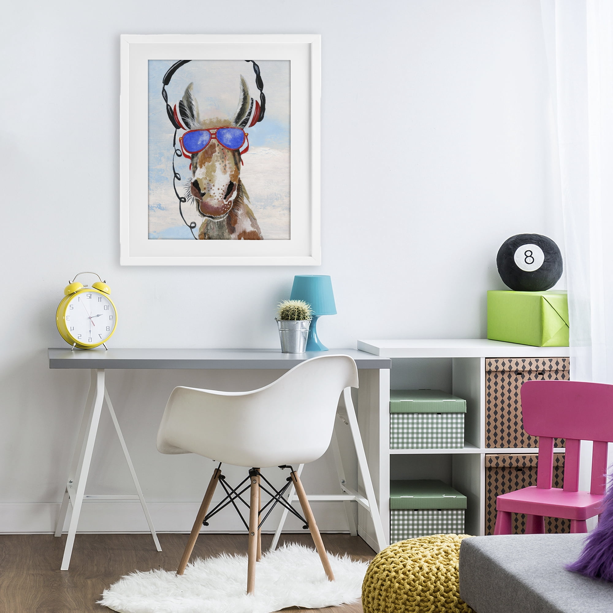 Stupell Industries Donkey Wearing Headphones White Framed Print Under Glass, design by Janet Tava