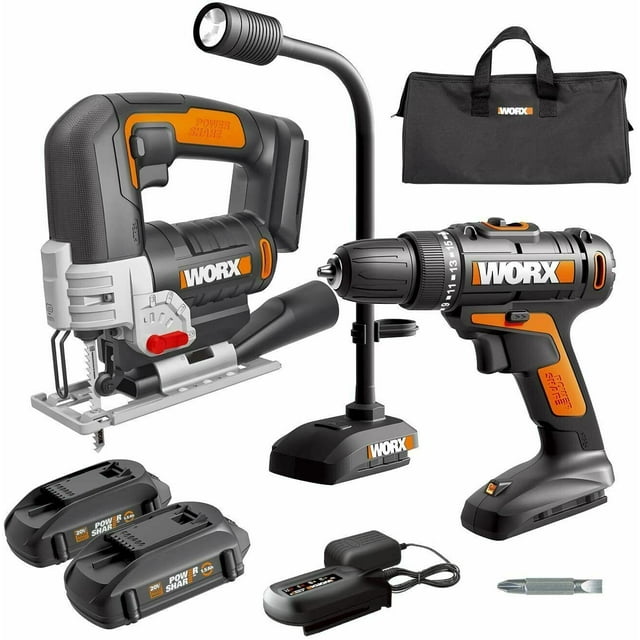 Worx WX958L 20V Power Share Perceuse Sans Fil et Scie Casse-Tête avec Trousse Combinée à Lumière Flexible