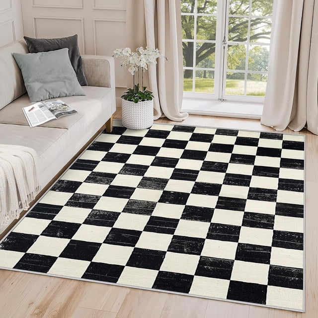 6x9 Rug, Checkered Rug Washable Non Slip Soft for Living Room Bedroom, Vintage Checkerboard Area Rug, Black and White Gingham Carpet, Checkered Home Decor & Gifts