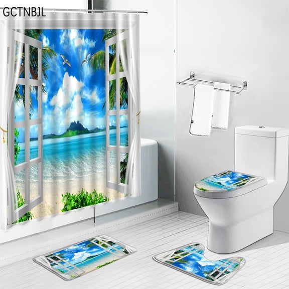 Ocean Scenery Shower Curtains Carpet Summer Beach Sea Palm Tree Landscape Bathroom Home Decor Non-slip Bath Mat Toilet Rugs Set