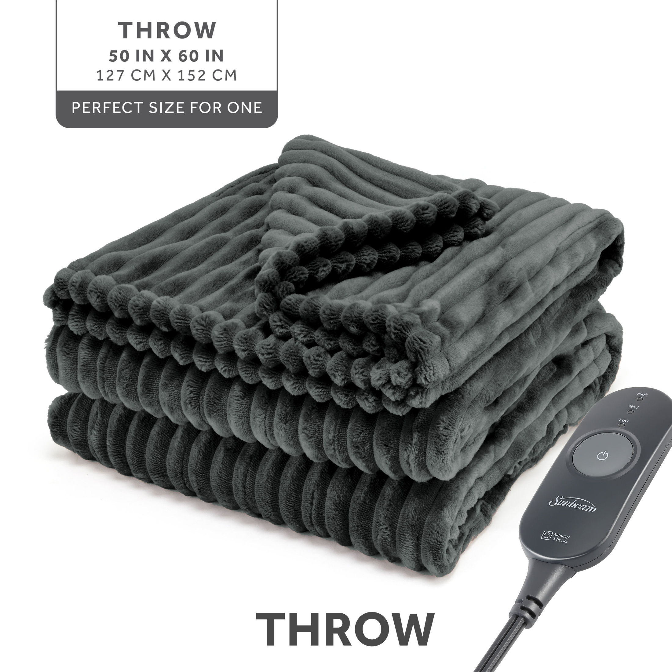 Sunbeam Heated Throw Blanket Textured Velvet Slate 3 Heat Settings 50"x60"