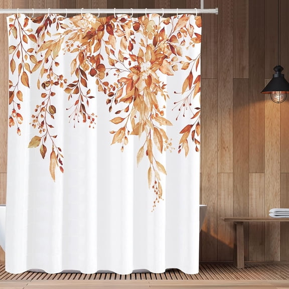 Orange Eucalyptus Shower Curtain Sets, Watercolor Bright Leaves on The Top Plant with Floral Bathroom Decoration 72x72 Inch with Hooks
