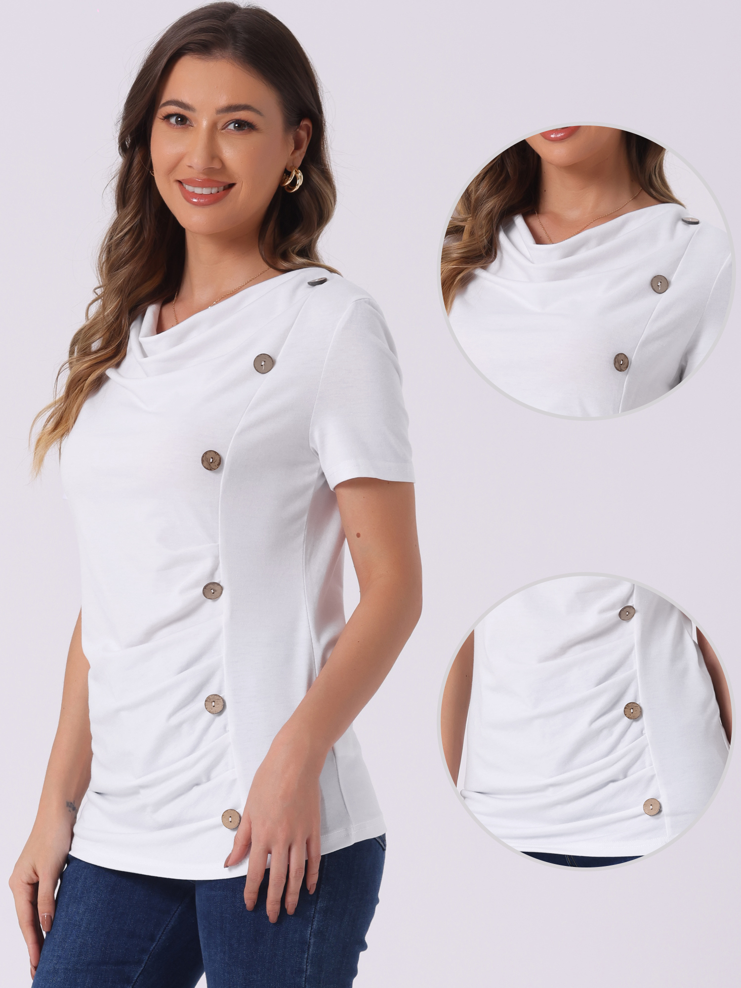 DARING DIVA Women's Cowl Neck Ruched Short Sleeve Tops with Button Decor M White
