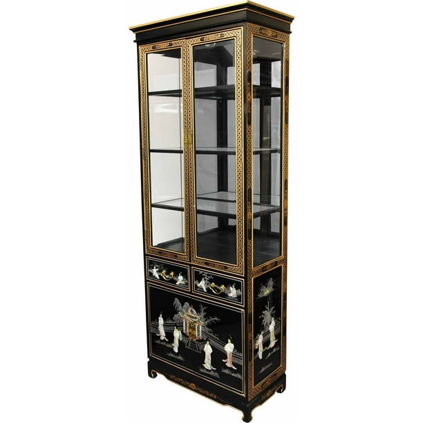 Oriental Furniture Tall Lacquer Curio Black Mother of Pearl