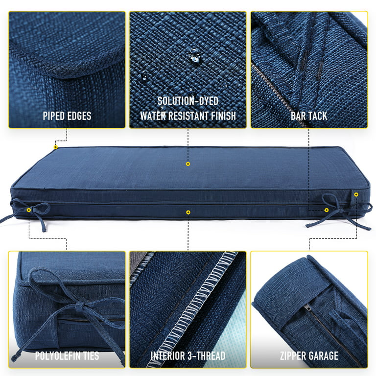 SUNROX Gel Memory Foam Bench Cushion with Ties, Water Resistant FadeShield  Ultra Durable Outdoor/Indoor Universal Bench Seat Pads 45 x 16 x 4 inch,  NAVY 