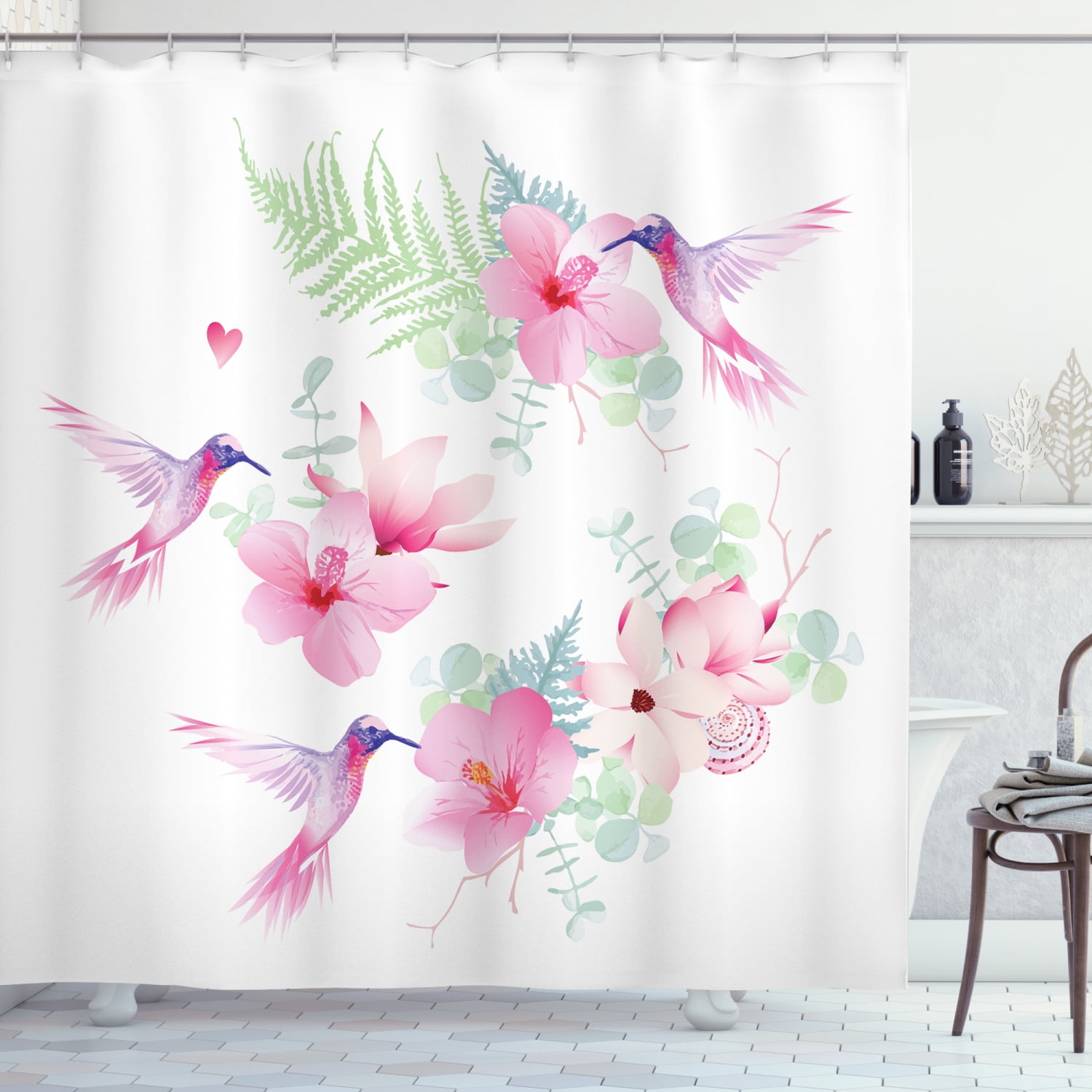 Hummingbird & Blooming Flower Waterpoof Fabric Shower Curtain Hooks Bathroom Mat 