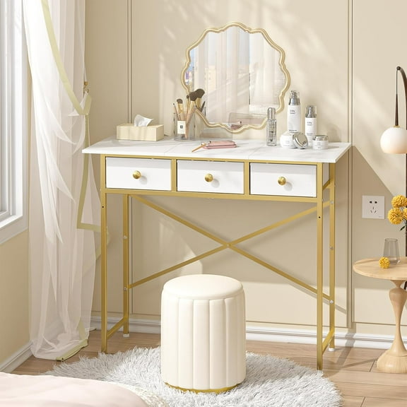 Small Vanity Desk No Mirror for Kids Bedroom, Vanity Table with Drawers, Makeup Vanity Desk for Narrow Spaces, White and Gold(No Mirror)
