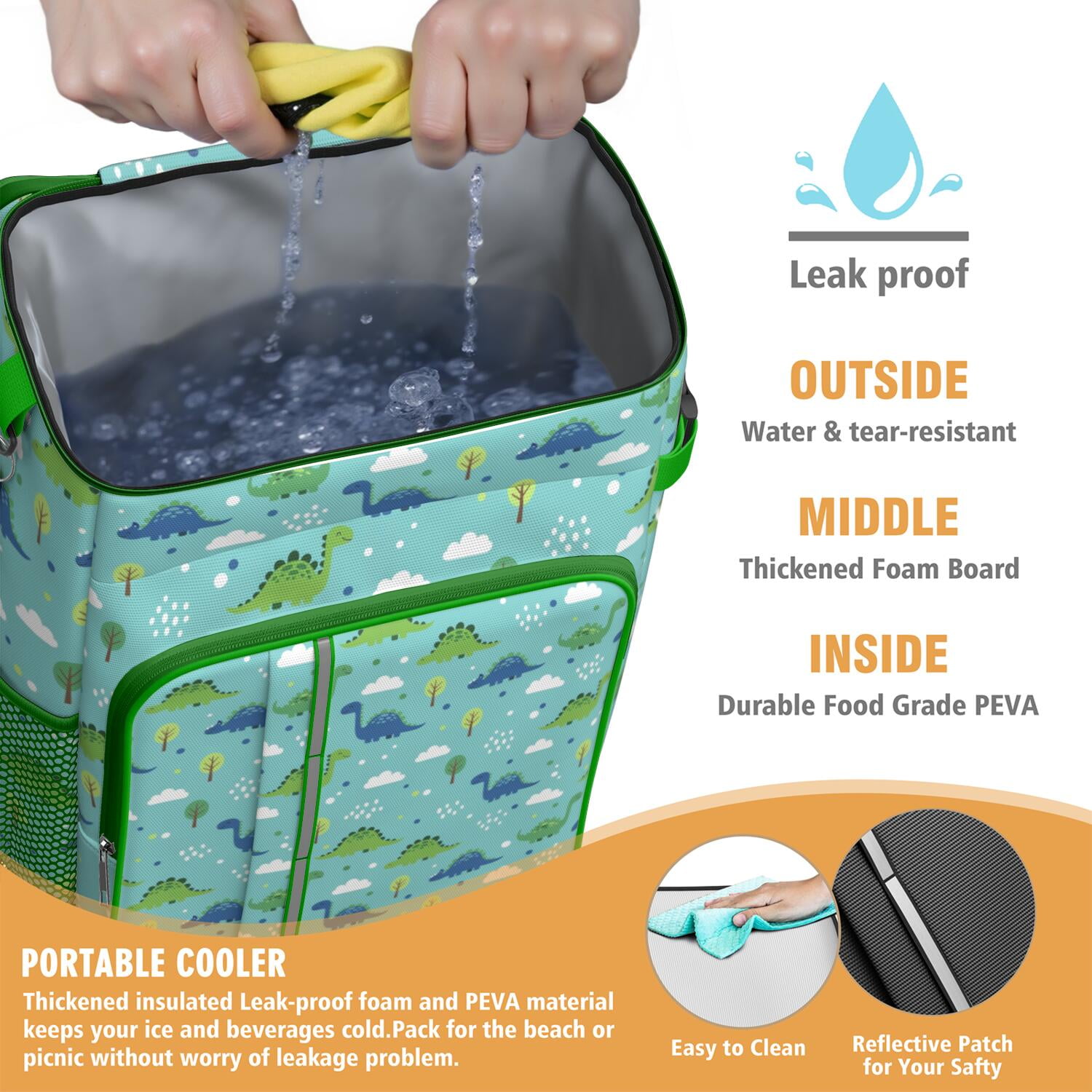 Travel Cooler Bag - Light Blue Dinosaurs Clouds Trees Pattern Camping Beer Cooler Backpack with Bottle Opener- Waterproof Insulated Picnic Backpacks - Cooler Bag for Beach