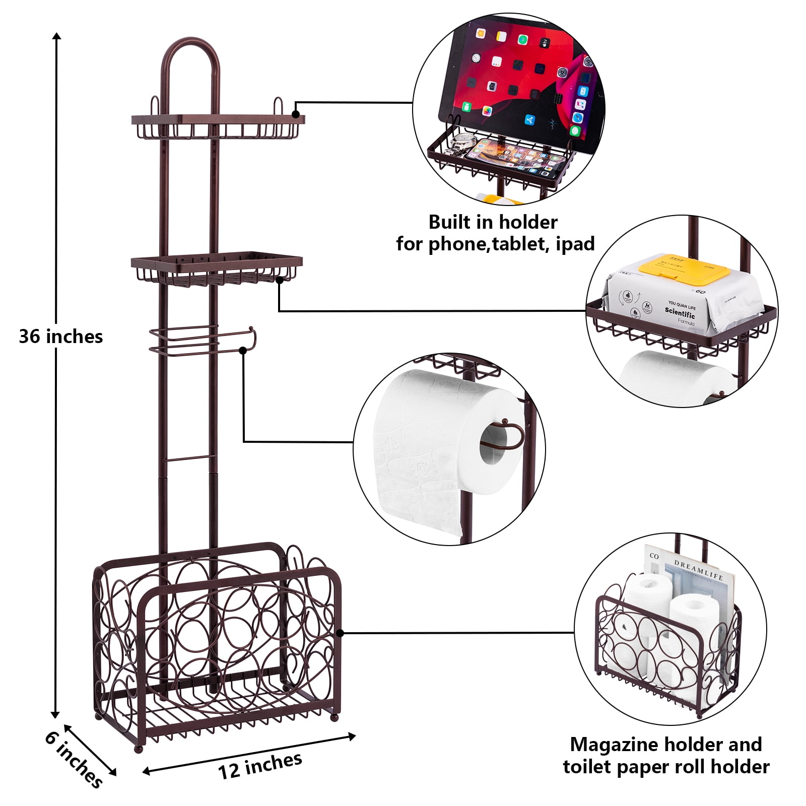 Oasis Creations Toilet Paper Holder Tissue Rack Stand with Magazine Toilet Roll Storage Basket- Freestanding, Bronze Metal