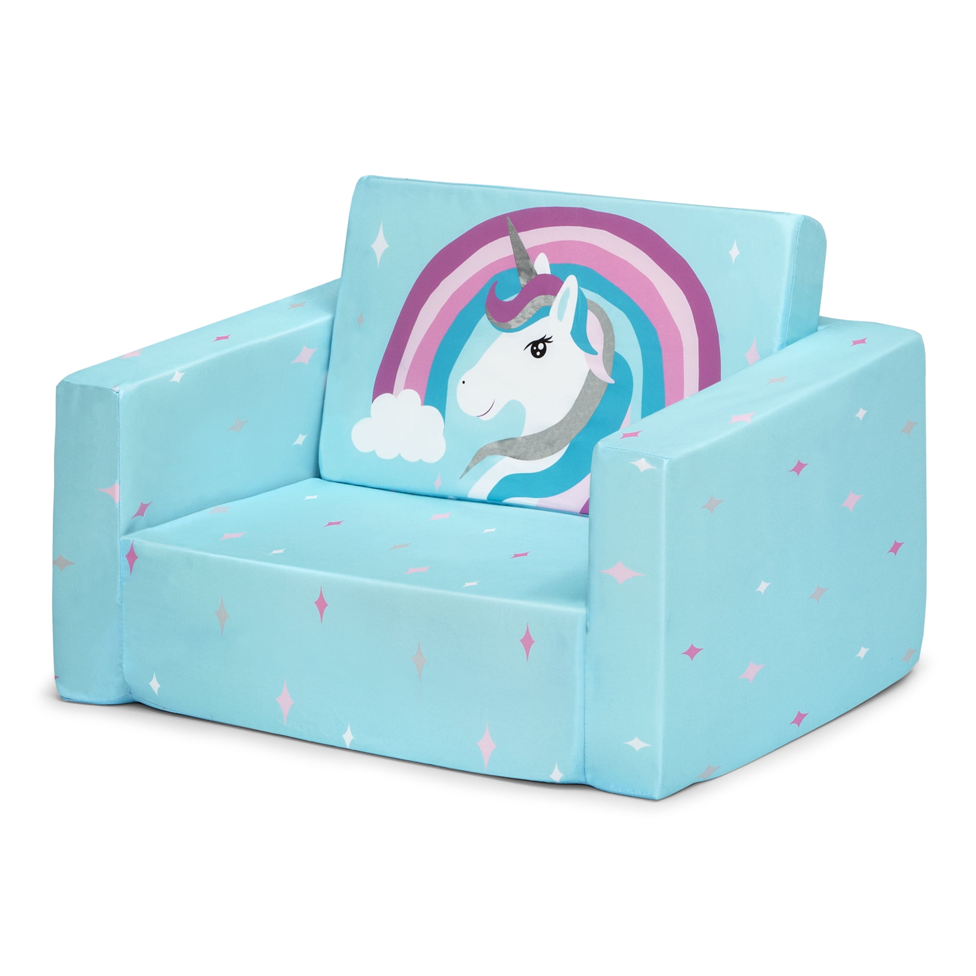 Delta Children Cozee Flip-Out Chair - 2-in-1 Convertible Chair to Lounger for Kids, Blue Unicorn