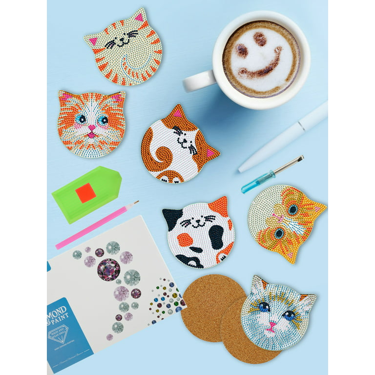 JTWEEN Cat Diamond Painting Coasters Kit,Diamond Painting Art Kit DIY  Diamond Painting Kit with Bracket with Holder Cute Animal Cat Head Coaster  