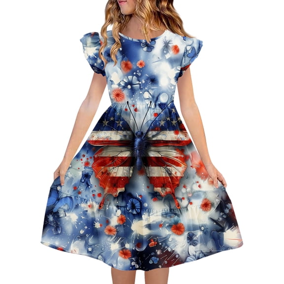 Auroural Toddler Girls Clothes 5T Girl's Summer 250 Year Celebration Printing Pleated Sleeve Dress for 5-14 Years Old