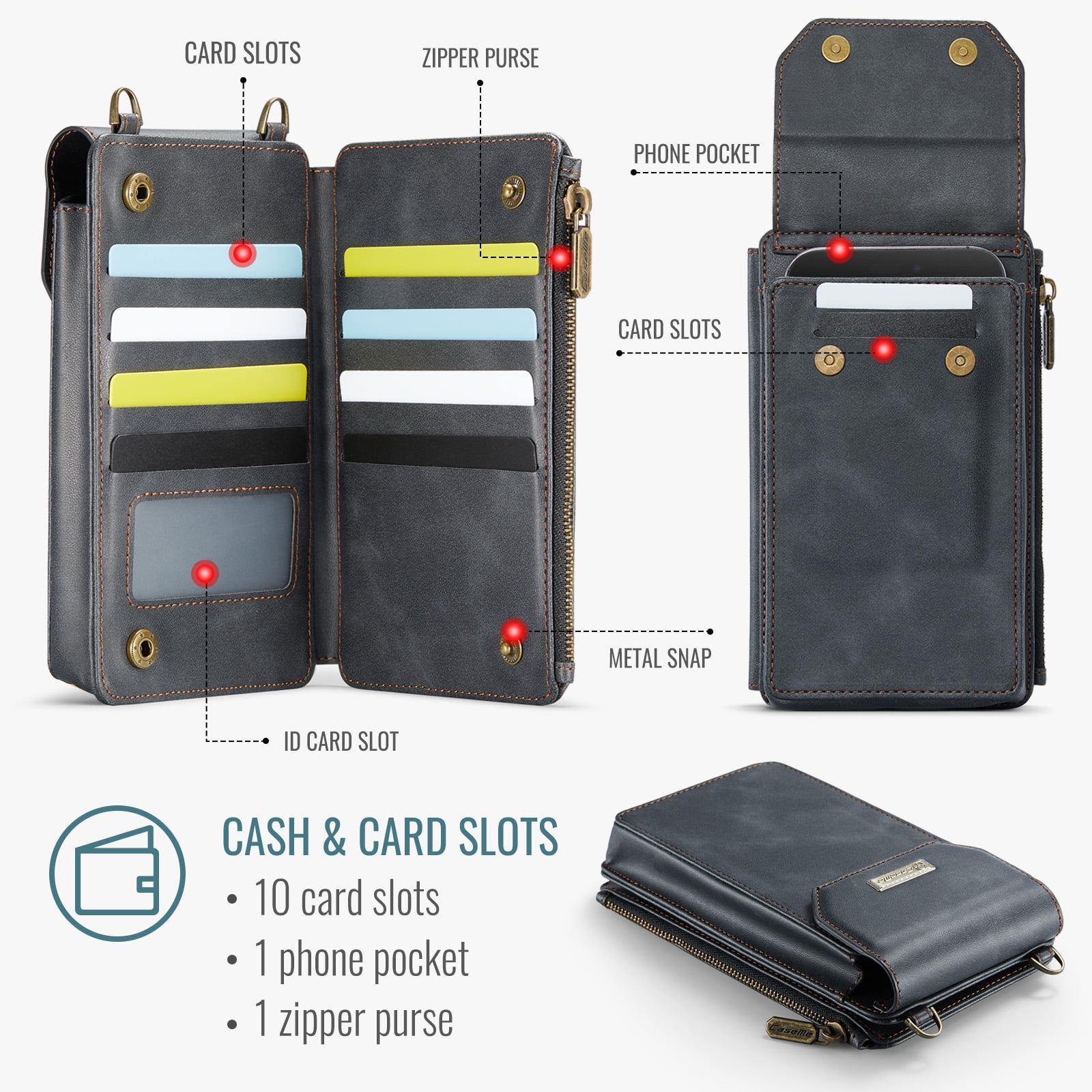 Crossbody Cell Phone Purse Bag for Women Men, Small Leather Wallet with 10 Card Slots,Zipper Pocket & Adjustable Strap Shoulder Bag Clutch with Magnetic Closure Fits Most Smartphones Under 7.3",Black
