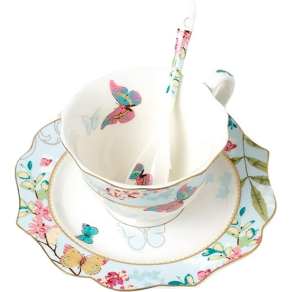 Blue Nordic Style English Ceramic Coffee Cup and Saucer Set Sakura Butterfly Bone China Flower Tea Cup Household Drinkware
