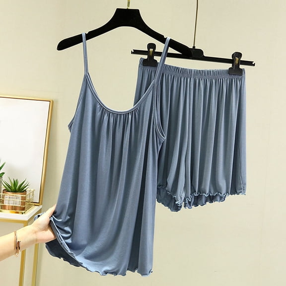 Karight Cotton Pajamas for Women Soft Comfy Pleated Sleepwear 2 Piece Spaghetti Strap Cami Top and Shorts Set Pj Loungewear