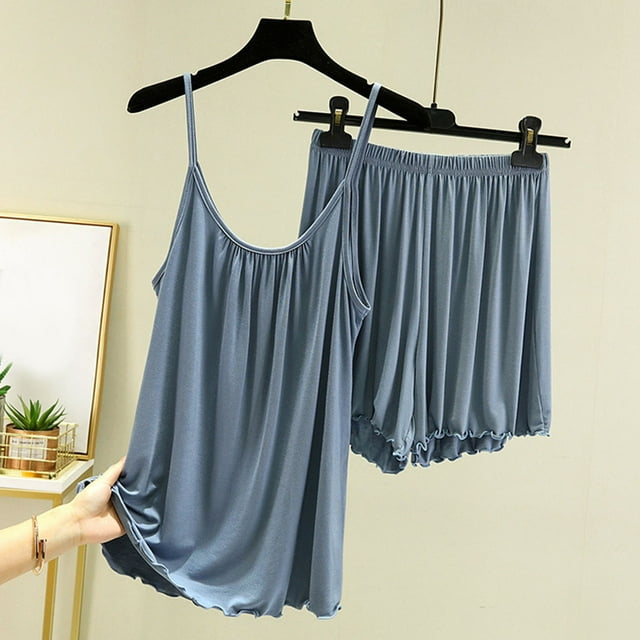 Qtocio Womens Sleep Set,2 Piece Summer Soft Knit Loose Style Solid Color Sleeveless Cami Top and Shorts Soft Loungewear