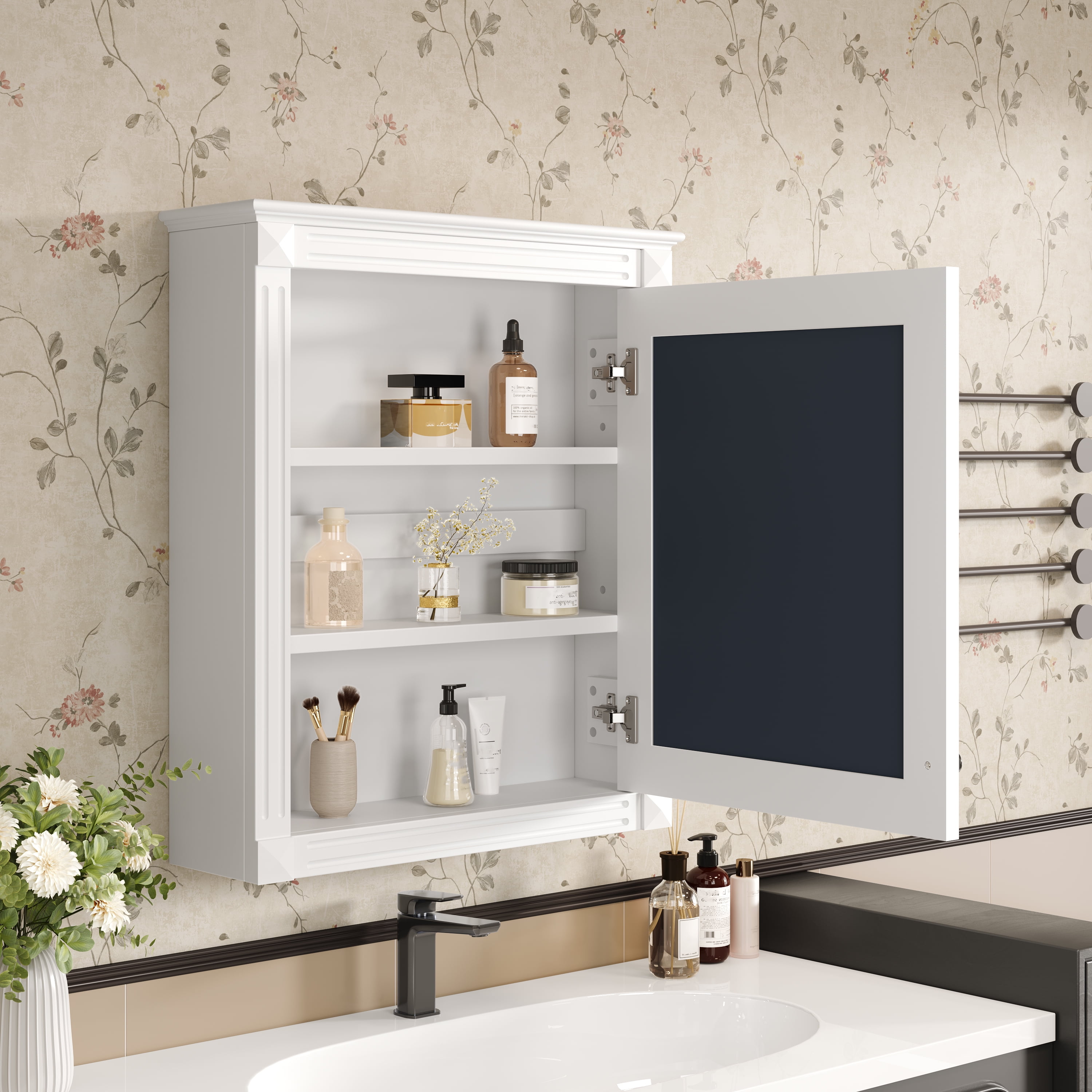 Euroco 24'' x 27'' Wall Mounted Bathroom Storage Cabinet with Mirror, Medicine Cabinet with Height Adjustable Shelf, Over the Toilet Space Saver Cabinet