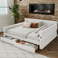 thumbnail image 2 of Euroco Upholstery Queen Size Platform Bed, Sofa Bed with USB Charging Station and 2 Drawers, White, 2 of 17