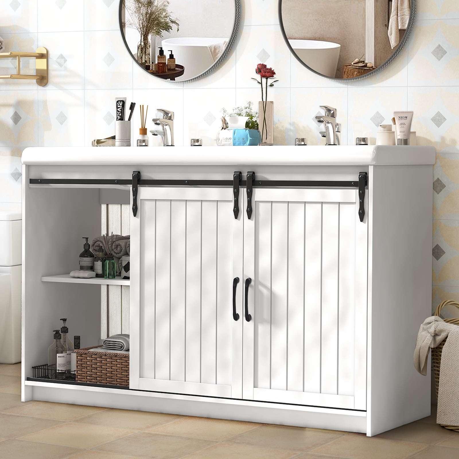 Jarbalai 47" Double Sink Farmhouse Bathroom Vanity with Sliding Barn Doors, White