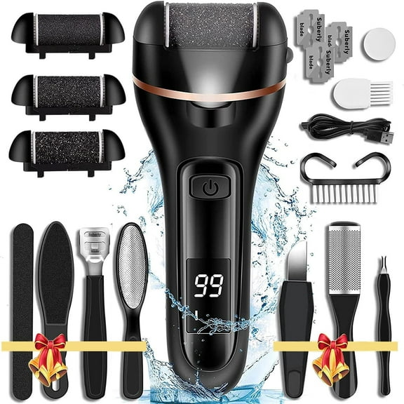 Rirool Electric Callus Remover Kit, 18-in-1 Pedicure Tool Set with 3 Roller Heads for Removing Cracked Heels and Dead Skin，Black
