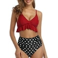 thumbnail image 1 of Women Two Piece Swimsuits High Waisted Ruffle Flounce Bikini V Neck Tummy Control Bathing Suit Dark Red Polka Dot (L, 1 of 6