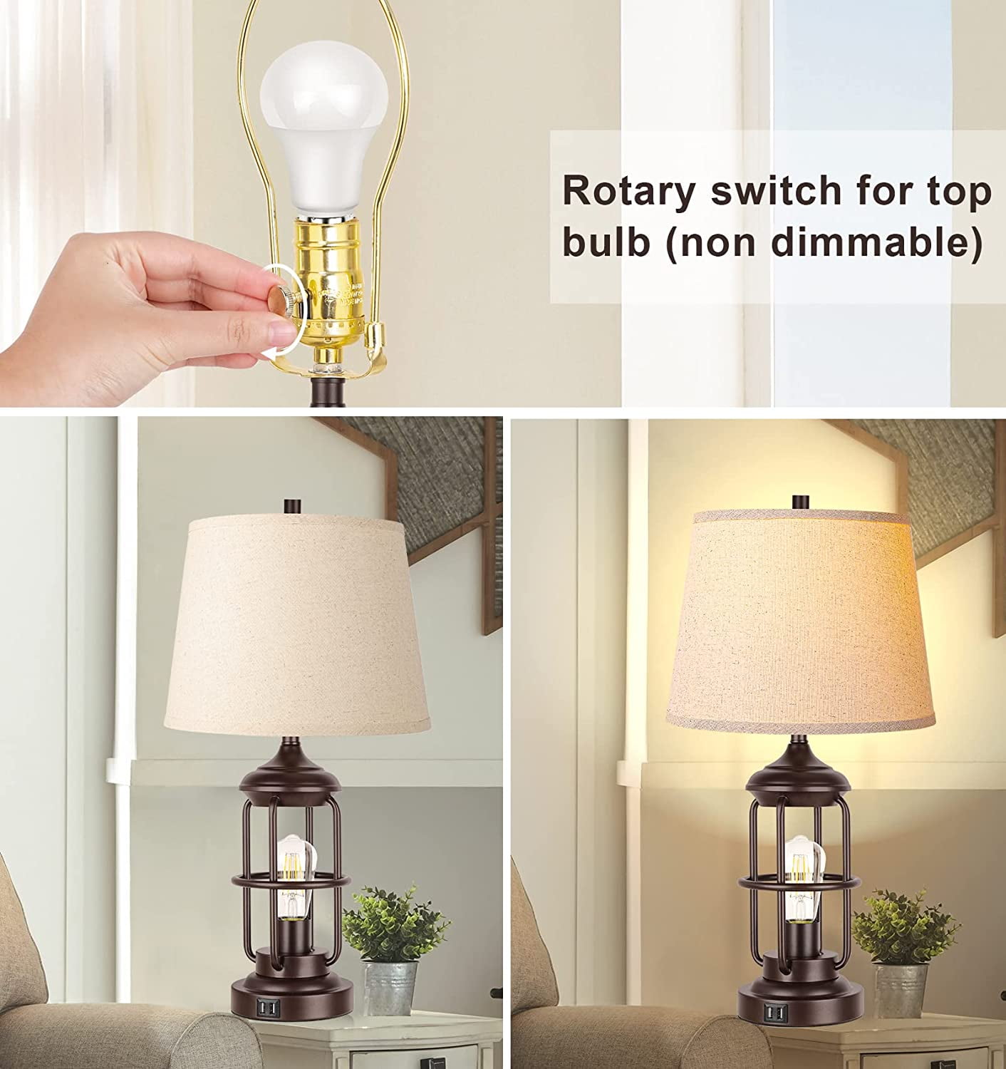 Partphoner Farmhouse Rustic Nightstand Lamp Set of 2 with USB Ports, Touch Control 3-Way Dimmable