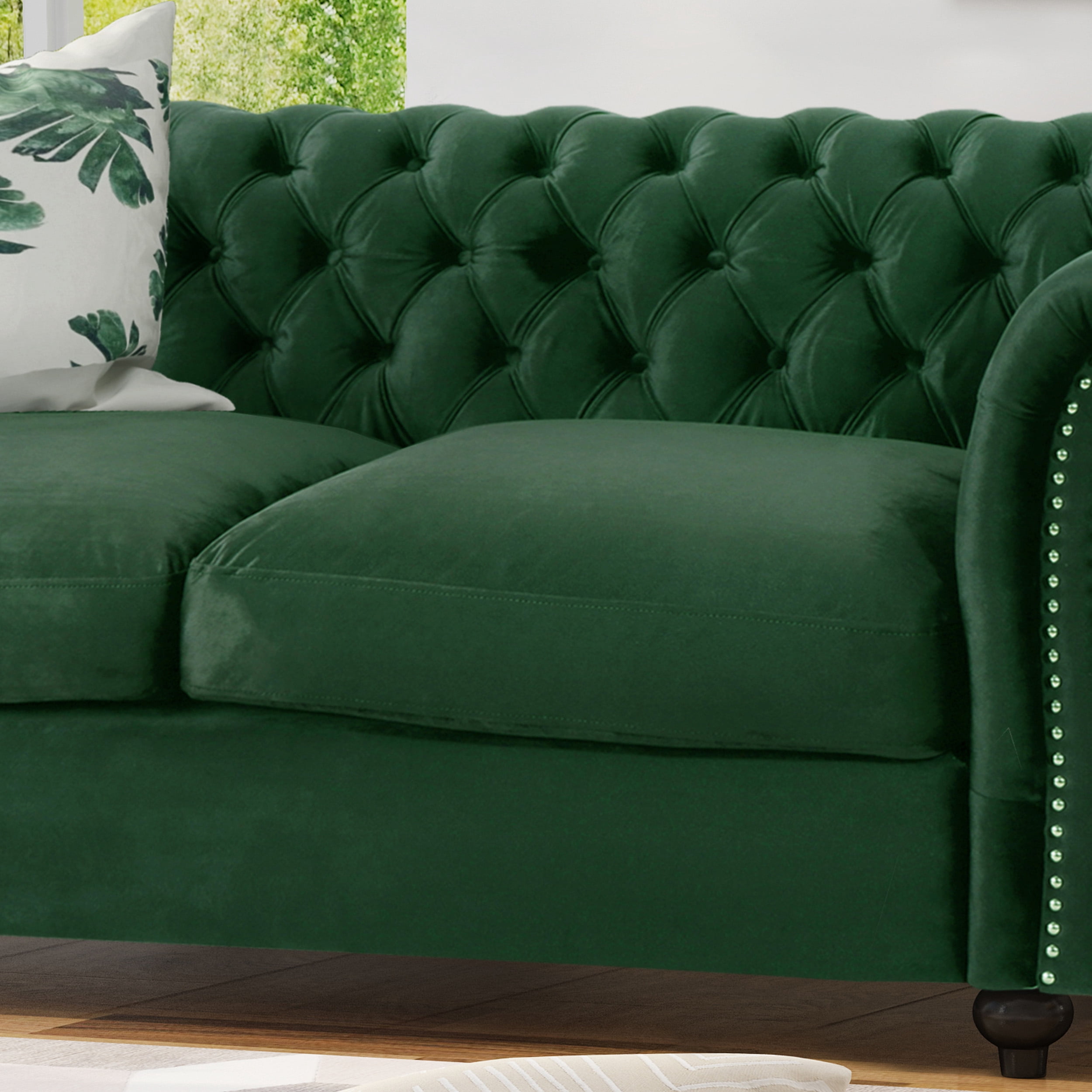 GDF Studio Karen Traditional Chesterfield New Velvet Loveseat Sofa, Emerald and Espresso