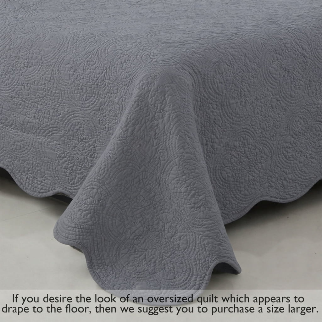 Victorian Medallion Matelassé Pure Solid Gray Scalloped Edge Cotton Quilt Bedding Set