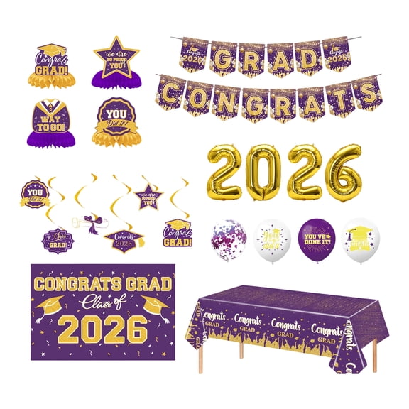 2026 Graduation Party Decorations Set – Purple & Gold Balloons, Banner, Confetti & More for College Graduation Ceremony, 7-Piece Kit