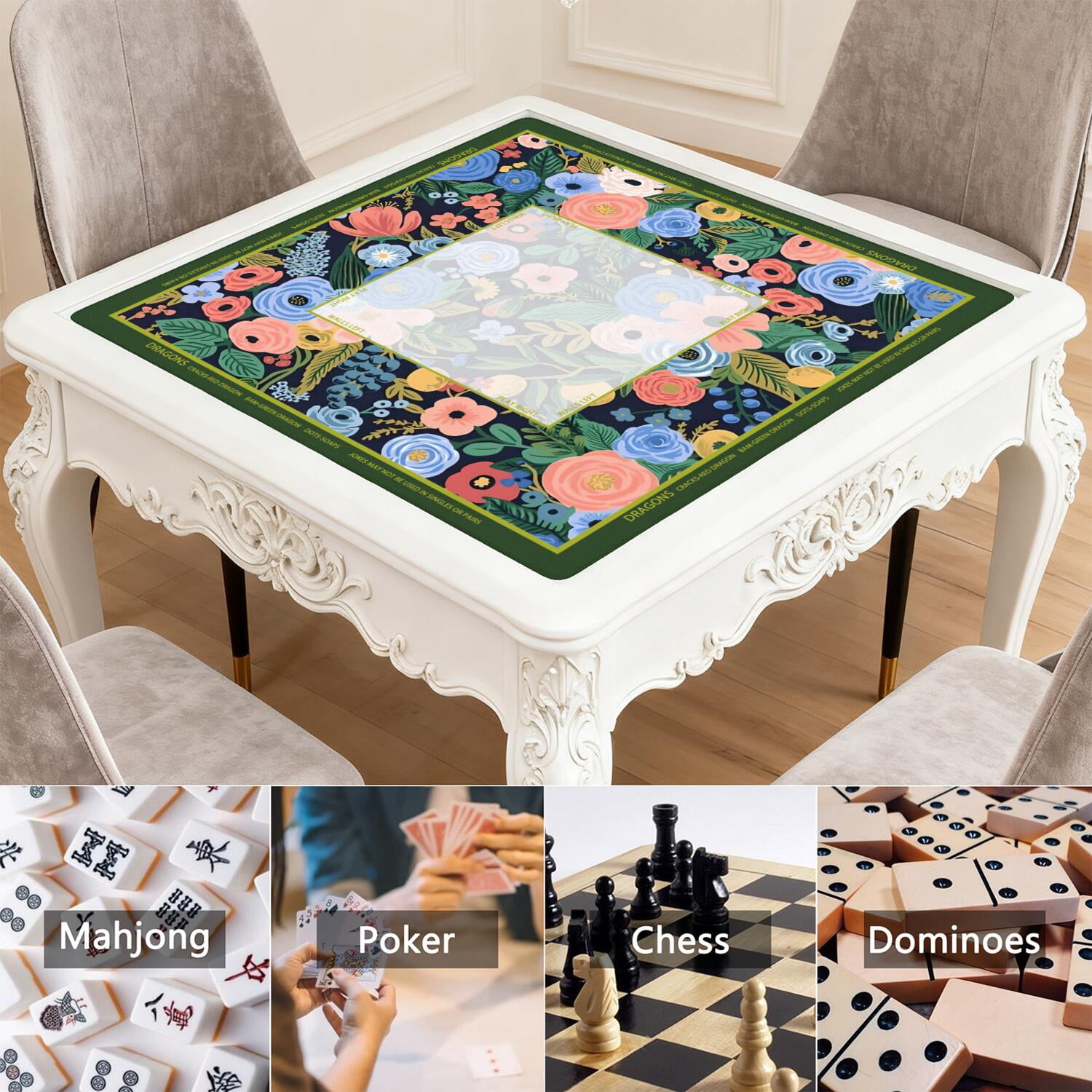 Green Mahjong Mat with Rules, 31.5*31.5in Anti Slip American Mahjong Mat for Table, Noise Reduction, Neoprene Mah jongg Mats with Carrying Bag & 3 Dices, Mahjong Set Gift, Board Tile Games Mats