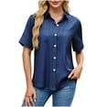 thumbnail image 2 of Aloohaidyvio Womens Button Down Shirt Short Sleeve Dress Shirt V Neck Collared Button Up Summer Tops Textured Work Blouse Dark Blue, 2 of 6