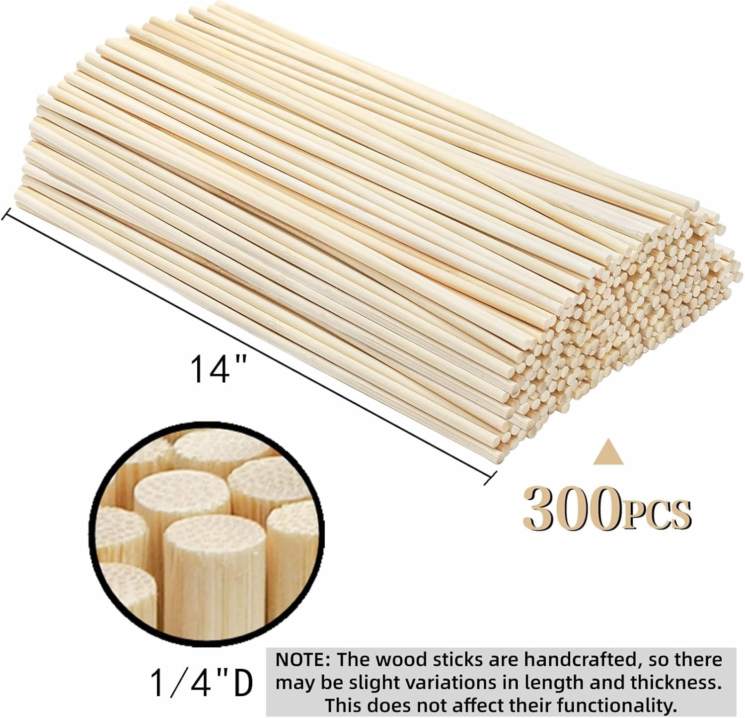 300 Pcs Wooden Dowel Rods, 1/4 x 14 Inch Round Wooden Sticks Craft Sticks, Unfinished Natural Bamboo Sticks for Christmas Gift, Thanksgiving, Crafts Arts and DIYers