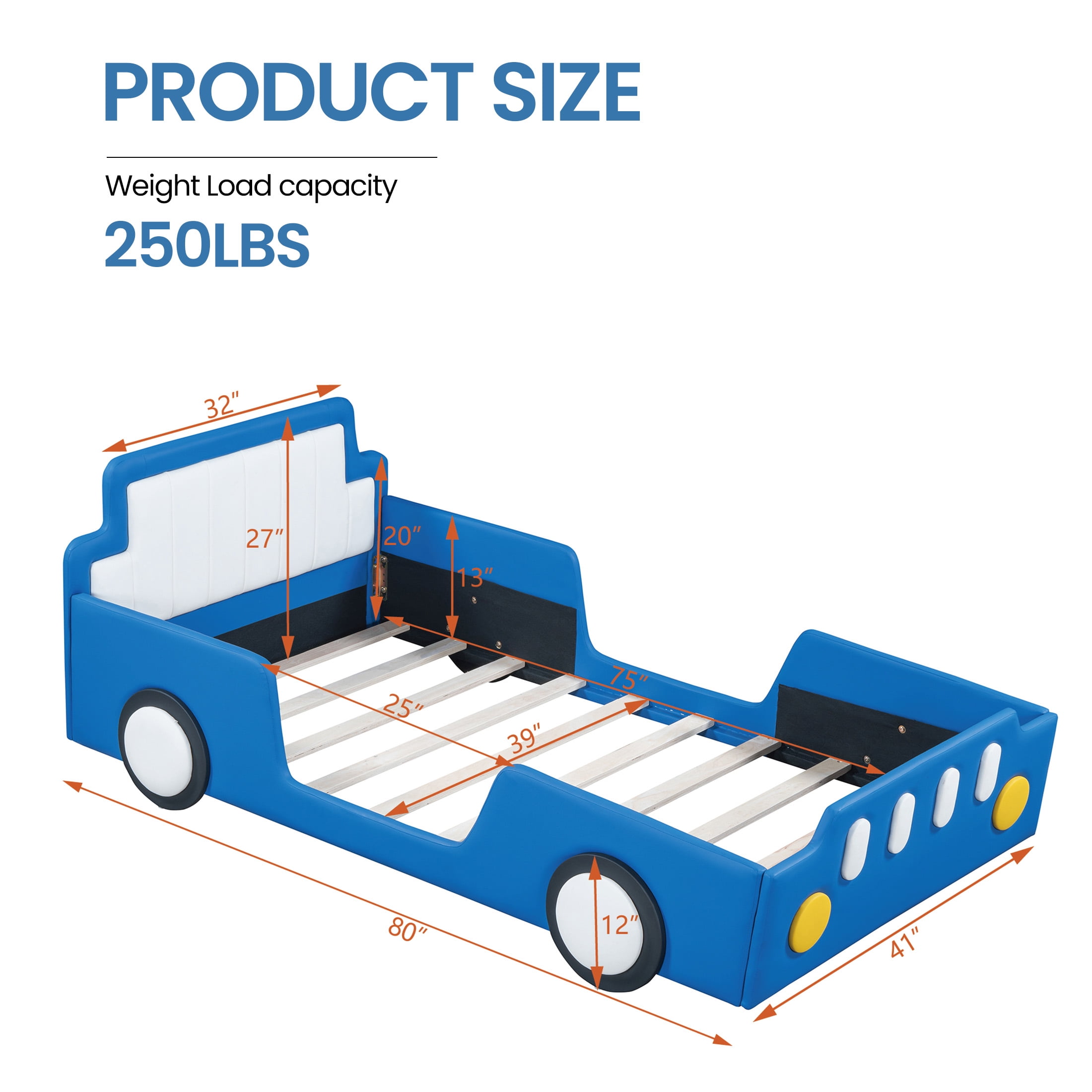 Aukfa Twin Size Race Car Platform Bed with Wheels, Kids Car Bed Frame with PU Leather Headboard and Footboard for Boys/Girls, Blue