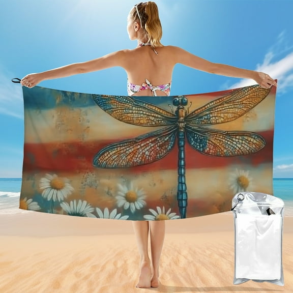 Sheronv Compact Beach Towel with Dragonfly Daisies Flag, Ultra-Fine Fiber Quick Dry Bath Towel for Beach Vacations and Outdoor Recreation, 27.5x55in 55x27.5in