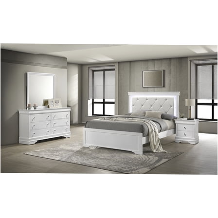 JERFIT Modern White Queen 4-Piece Bedroom Set with LED Upholstered Headboard, Dresser, Mirror & Nightstand