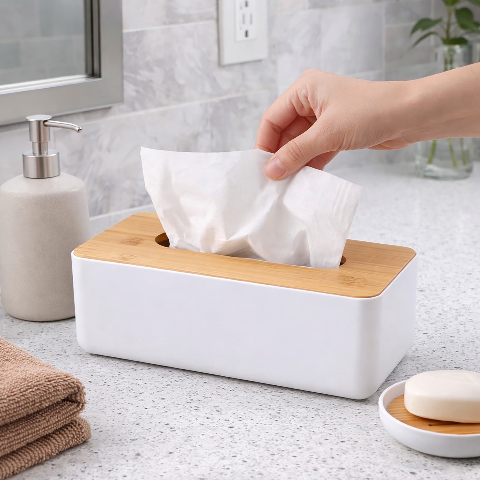 White Tissue Box Cover Padang with Bamboo Top - Elegant Design for Home and Office - Enhance Décor and Organization