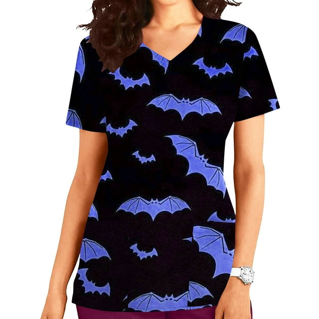 EGNMCR Hauts de Sarrau d'Infirmière pour Femmes, Imprimé d'Halloween, Uniforme de Travail à Manches Courtes, Col en V, Blouse T-shirt de Tenue de Travail avec Poches, Costumes d'Halloween