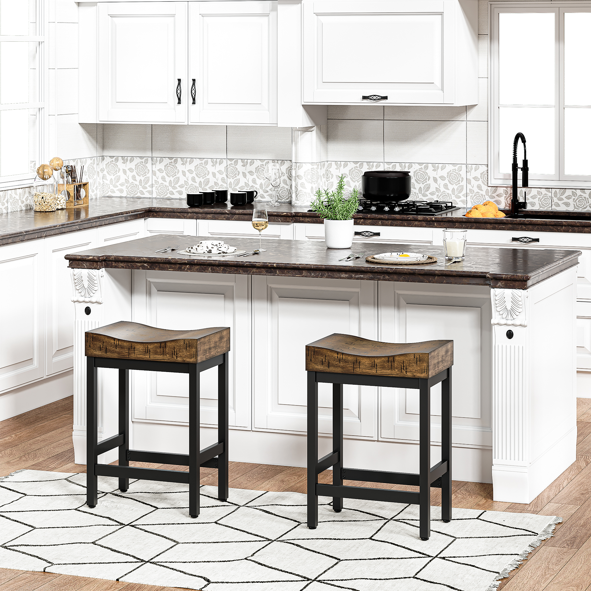 Bar Stools, Set of 2Counter Height Stools, 25 Inch Saddle Bar Stool