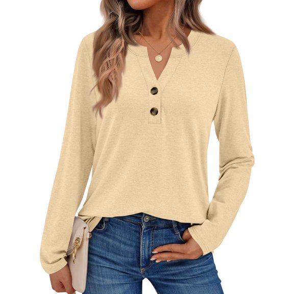 Womens Long Sleeve Shirts 2026 Spring Fall Fashion Dressy Business Casual Tops Trendy Henley Blouses Cute Work Tunic Clothes Camel M