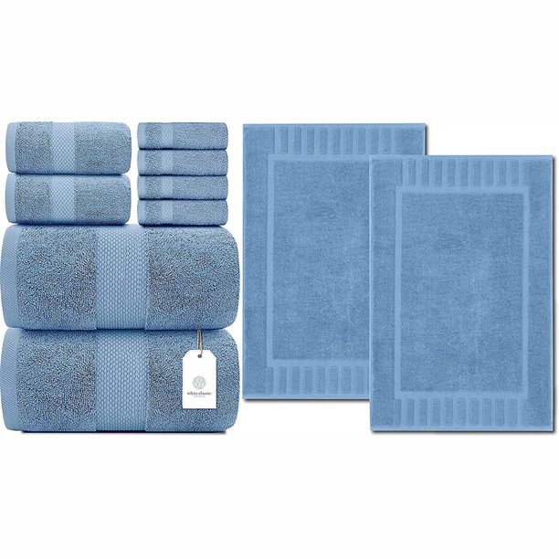 Luxury Light Blue Bath Towel Set And Luxury Bath Mat 2 Pack Bundle
