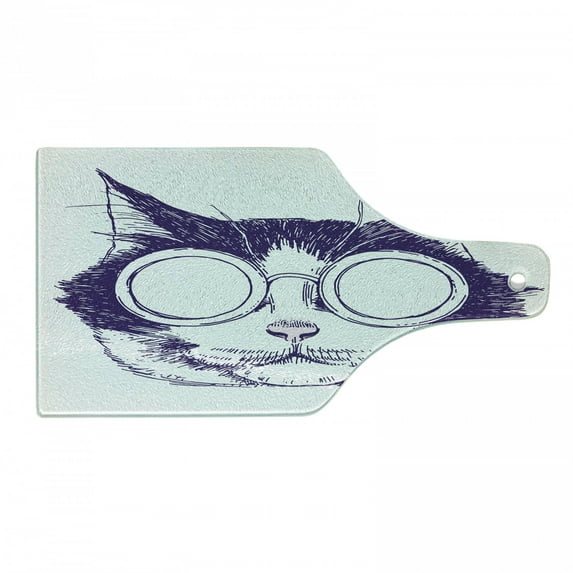 Cat Lover Cutting Board, Funny Cool Cat Head Portrait with Sunglasses Sketchy Illustration, Decorative Tempered Glass Cutting and Serving Board, in 3 Sizes, by Ambesonne